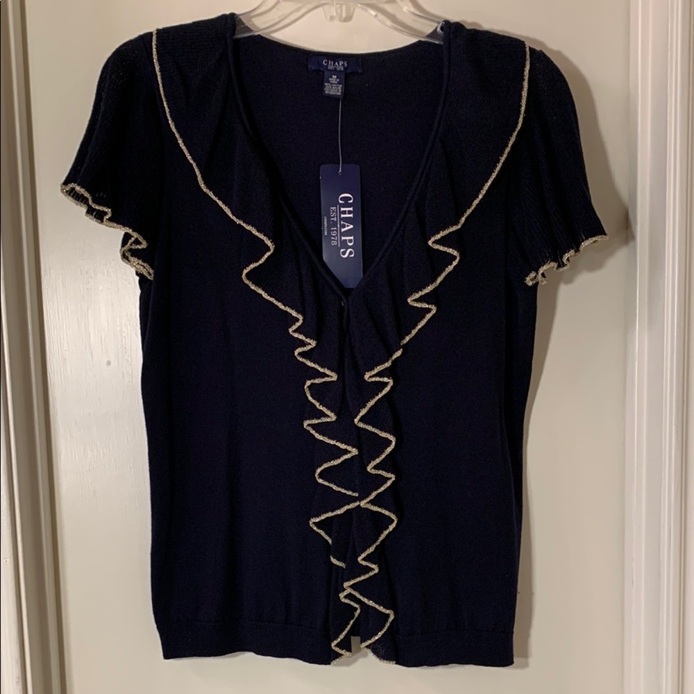 Chaps Navy/Gold Ruffle Trim Women's Top